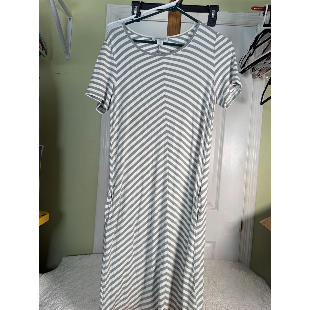Coldwater Creek Womens Small Gray White Striped Chevron Midi Dress Pockets
